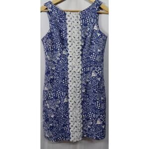 Lilly Pulitzer Blue White Lace Shift Dress Floral Cotton Size 8